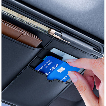 Car Sun Visor Organizer for Fashion Glasses, Cards, and License, Black PVC, 27.51 x 16.51 cm, Convenient Auto Accessory.