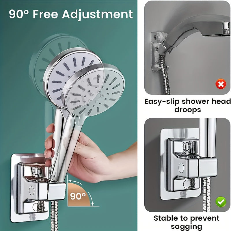 Shower head bracket with adhesive tape, adjustable, for easy wall mounting in bathroom.