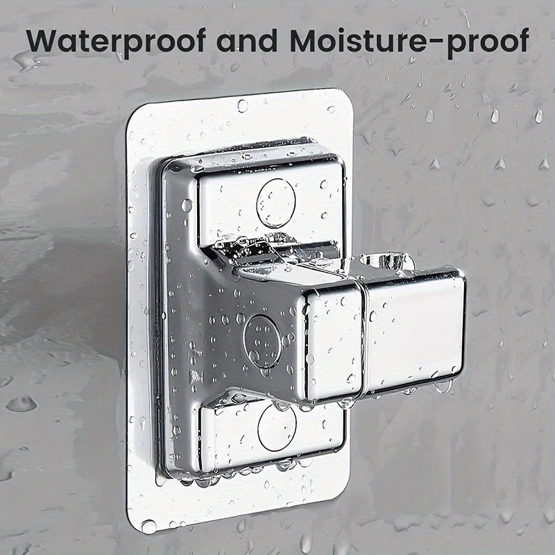 Shower head bracket with adhesive tape, adjustable, for easy wall mounting in bathroom.