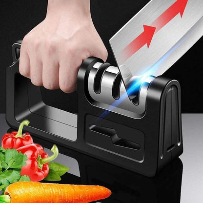 The STONEGO 4-In-1 Outdoor Kitchen Knife Sharpener is equipped with diamond, ceramic, and tungsten steel slots, ensuring safe and efficient sharpening. Perfect for camping, hiking, and outdoor cooking, this versatile tool features a compact and portable