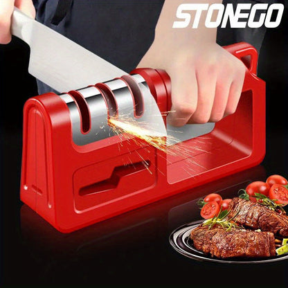 The STONEGO 4-In-1 Outdoor Kitchen Knife Sharpener is equipped with diamond, ceramic, and tungsten steel slots, ensuring safe and efficient sharpening. Perfect for camping, hiking, and outdoor cooking, this versatile tool features a compact and portable