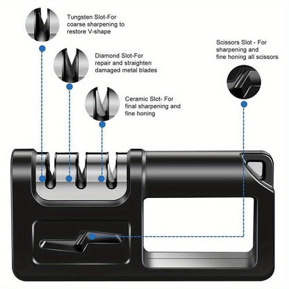 The STONEGO 4-In-1 Outdoor Kitchen Knife Sharpener is equipped with diamond, ceramic, and tungsten steel slots, ensuring safe and efficient sharpening. Perfect for camping, hiking, and outdoor cooking, this versatile tool features a compact and portable