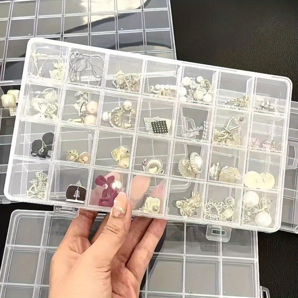 24-compartment plastic storage organizer with lid for jewelry, beads, craft supplies, small parts, and utility hooks.