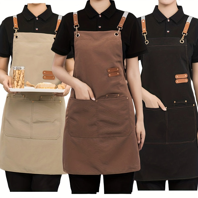 Durable polyester bib apron with pockets for coffee bars, restaurants, bakeries, and florists. Adjustable and unisex design, made from woven fabric.