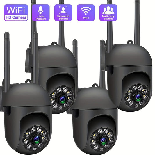 HD WiFi security camera with pan/tilt, color night vision, AI motion detection, two-way audio, real-time recording, indoor/outdoor use, wall mount, USB powered, durable housing.