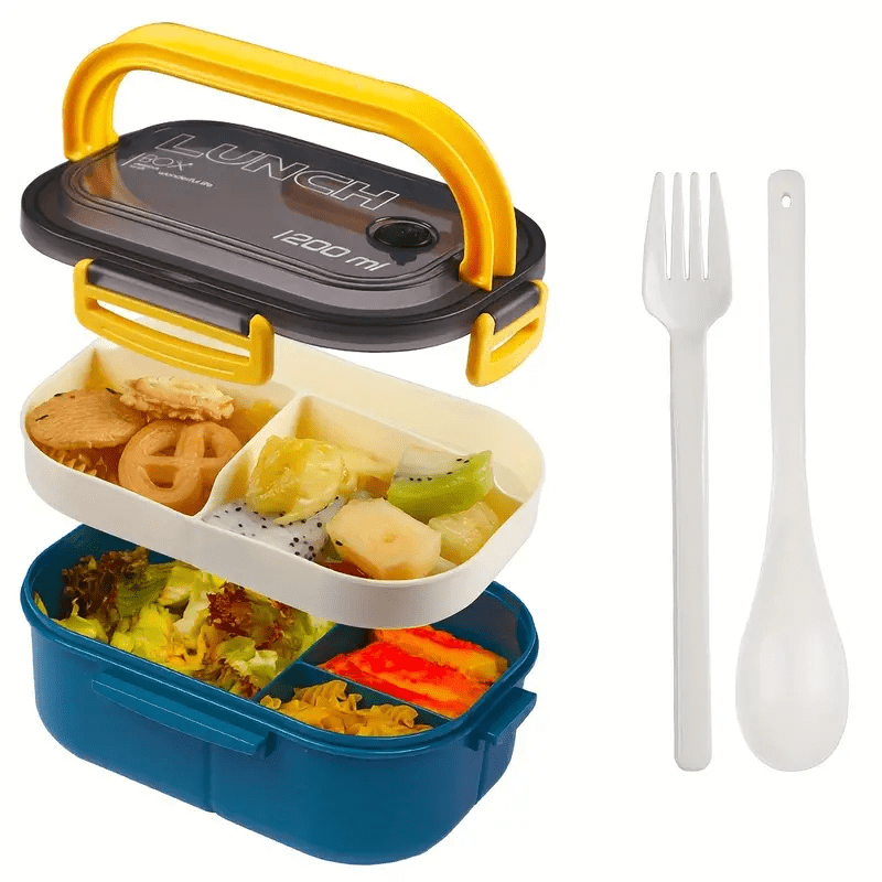 One 2-Layer Bento Box Set with Fork and Spoon, 1200ML Leakproof Plastic Lunch Containers. Safe for Microwave, Ideal Food Storage Solution for Students and Office Workers. - 1 piece