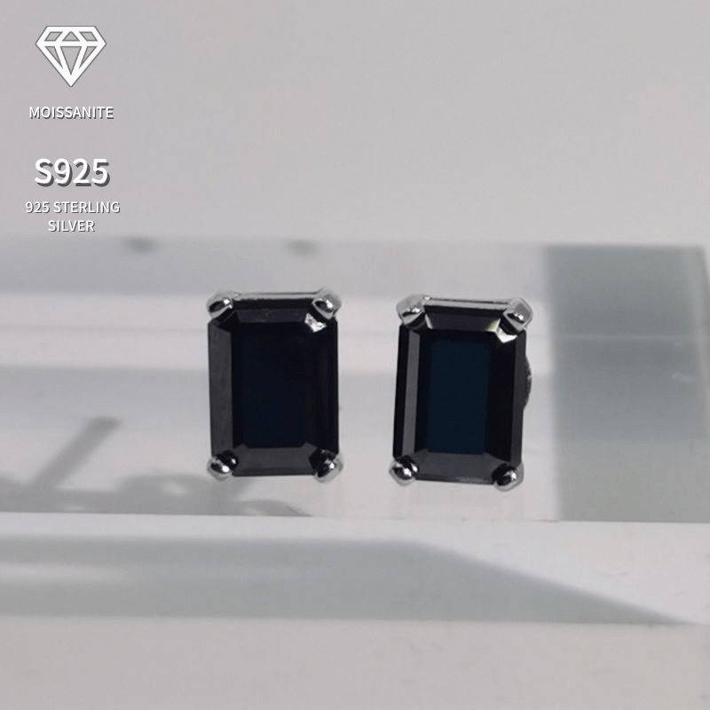 Stunning 1ct Moissanite Stud Earrings for Women - Crafted from S925 Sterling Silver, Featuring a Chic Rectangular Black Design, Ideal for Both Casual Outfits and Special Events such as Birthdays, Anniversaries, and Valentine's Day.