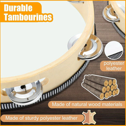 Wooden clappers tambourine with metal bells in 4/6/8/10-inch sizes - perfect for music rhythm, gatherings, and karaoke.