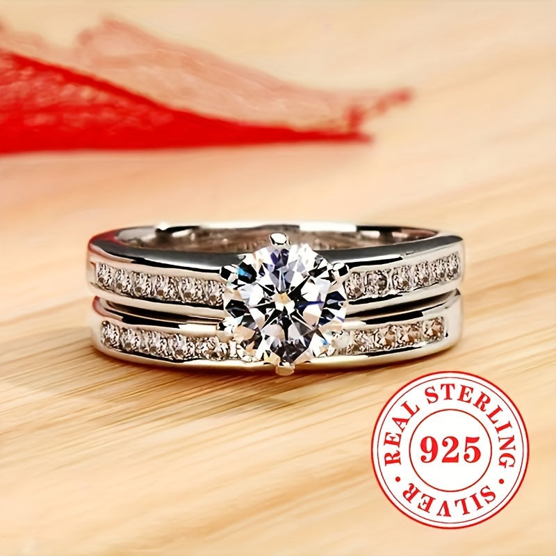 A pair of stylish ladies' rings, crafted from 5.7 grams of 925 sterling silver. These classic rings feature a single stone zirconia set in a 6-prong setting, perfect for engagement, wedding, and special occasions. Makes a great jewelry gift.