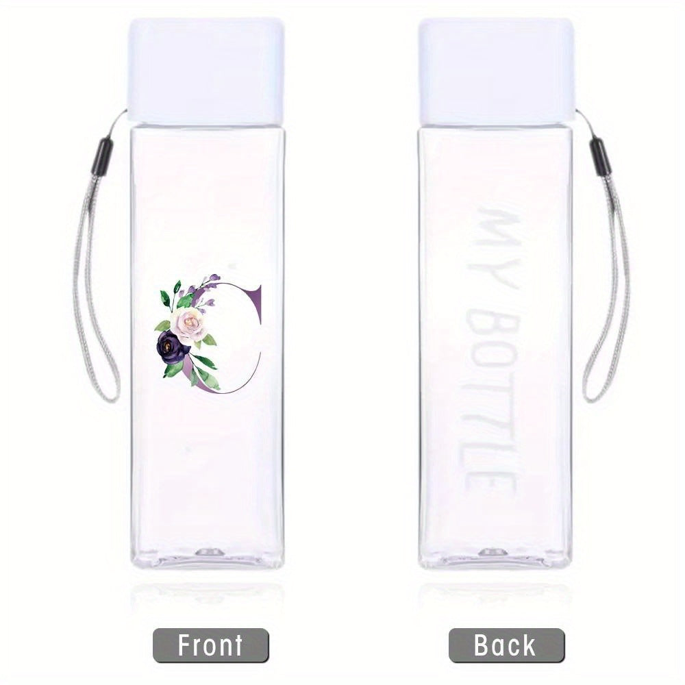 Large sports water bottle in purple with leak-proof design, high temperature resistance, and portable rope. Square transparent design with 26 initial letter patterns, ideal for coffee, juice, and milk.