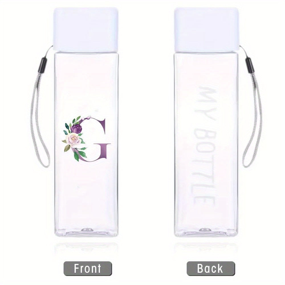 Large sports water bottle in purple with leak-proof design, high temperature resistance, and portable rope. Square transparent design with 26 initial letter patterns, ideal for coffee, juice, and milk.