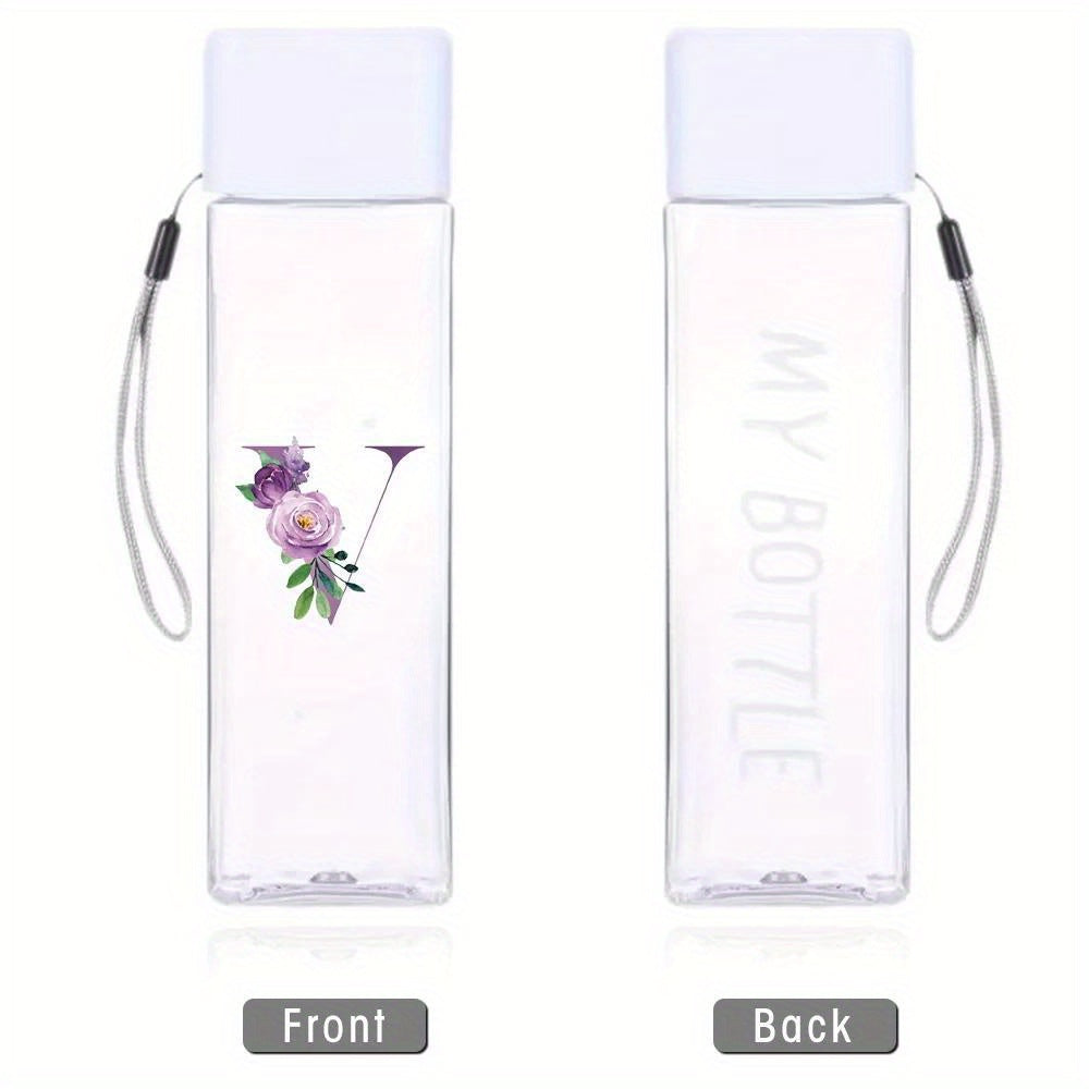 Large sports water bottle in purple with leak-proof design, high temperature resistance, and portable rope. Square transparent design with 26 initial letter patterns, ideal for coffee, juice, and milk.