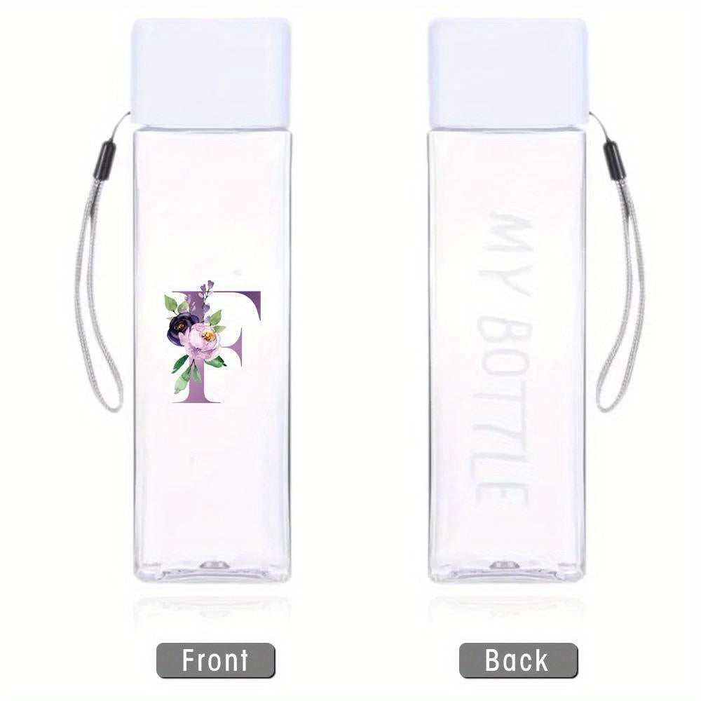 Large sports water bottle in purple with leak-proof design, high temperature resistance, and portable rope. Square transparent design with 26 initial letter patterns, ideal for coffee, juice, and milk.