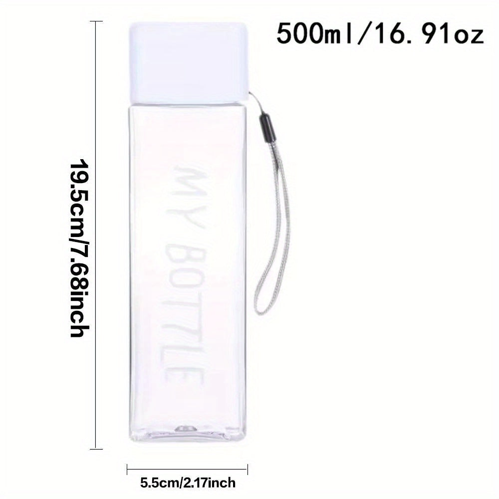 Large sports water bottle in purple with leak-proof design, high temperature resistance, and portable rope. Square transparent design with 26 initial letter patterns, ideal for coffee, juice, and milk.