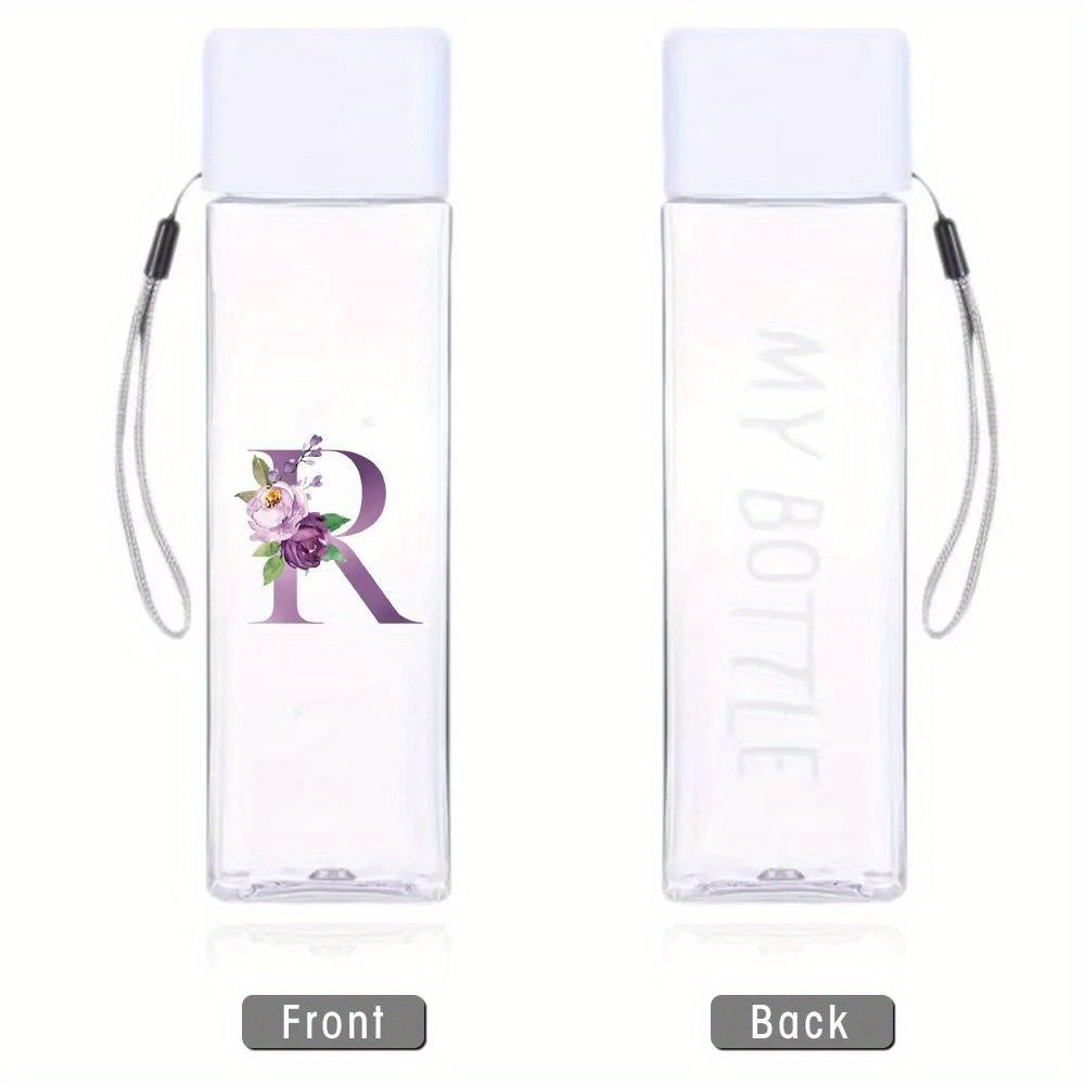 Large sports water bottle in purple with leak-proof design, high temperature resistance, and portable rope. Square transparent design with 26 initial letter patterns, ideal for coffee, juice, and milk.