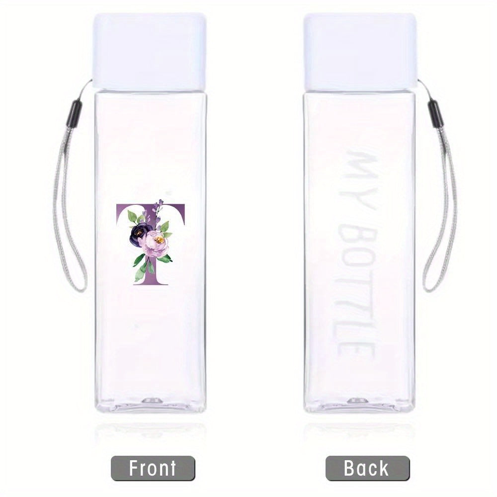 Large sports water bottle in purple with leak-proof design, high temperature resistance, and portable rope. Square transparent design with 26 initial letter patterns, ideal for coffee, juice, and milk.