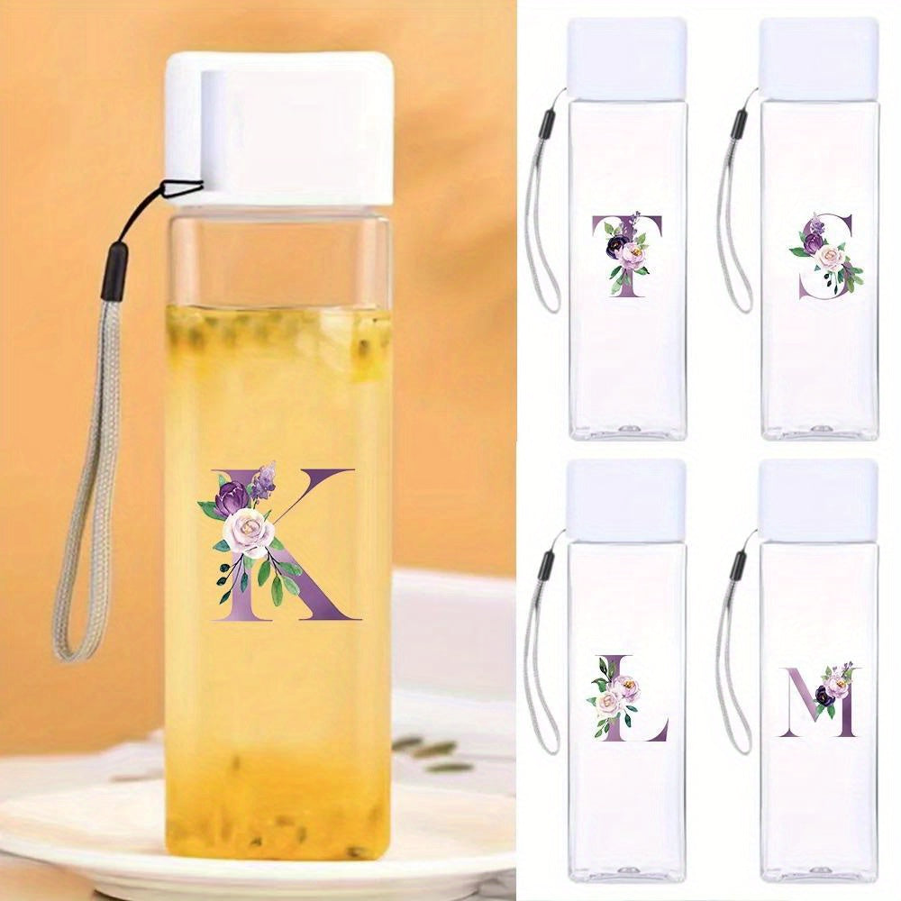 Large sports water bottle in purple with leak-proof design, high temperature resistance, and portable rope. Square transparent design with 26 initial letter patterns, ideal for coffee, juice, and milk.