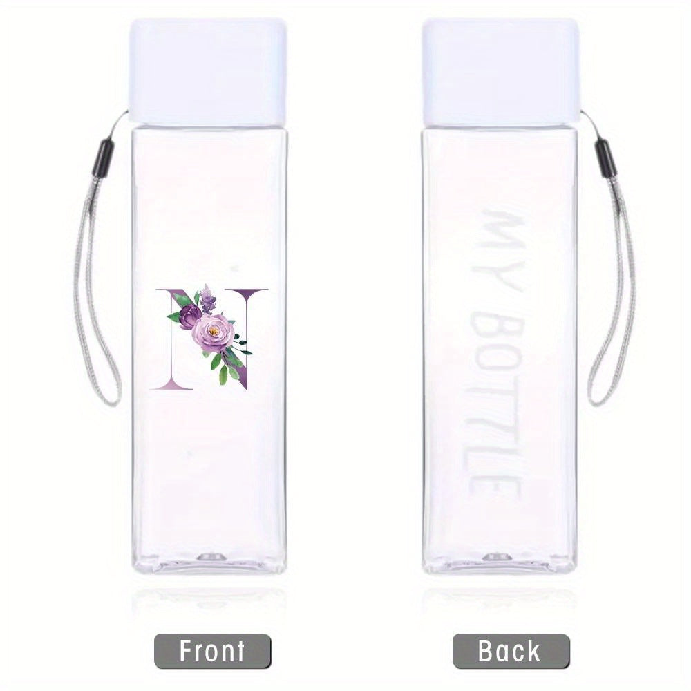 Large sports water bottle in purple with leak-proof design, high temperature resistance, and portable rope. Square transparent design with 26 initial letter patterns, ideal for coffee, juice, and milk.