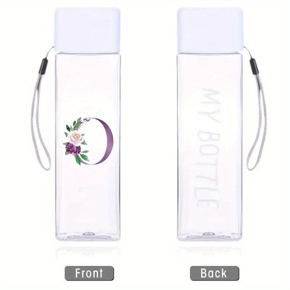 Large sports water bottle in purple with leak-proof design, high temperature resistance, and portable rope. Square transparent design with 26 initial letter patterns, ideal for coffee, juice, and milk.