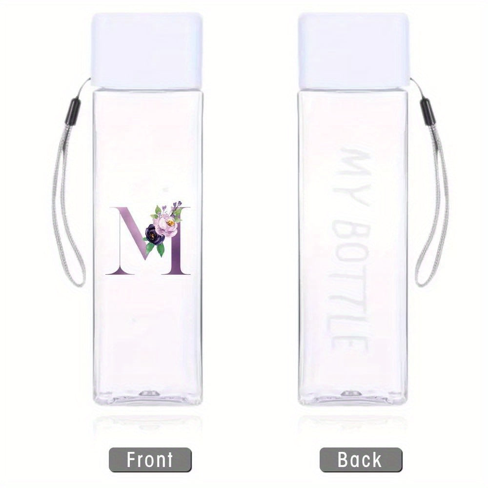 Large sports water bottle in purple with leak-proof design, high temperature resistance, and portable rope. Square transparent design with 26 initial letter patterns, ideal for coffee, juice, and milk.