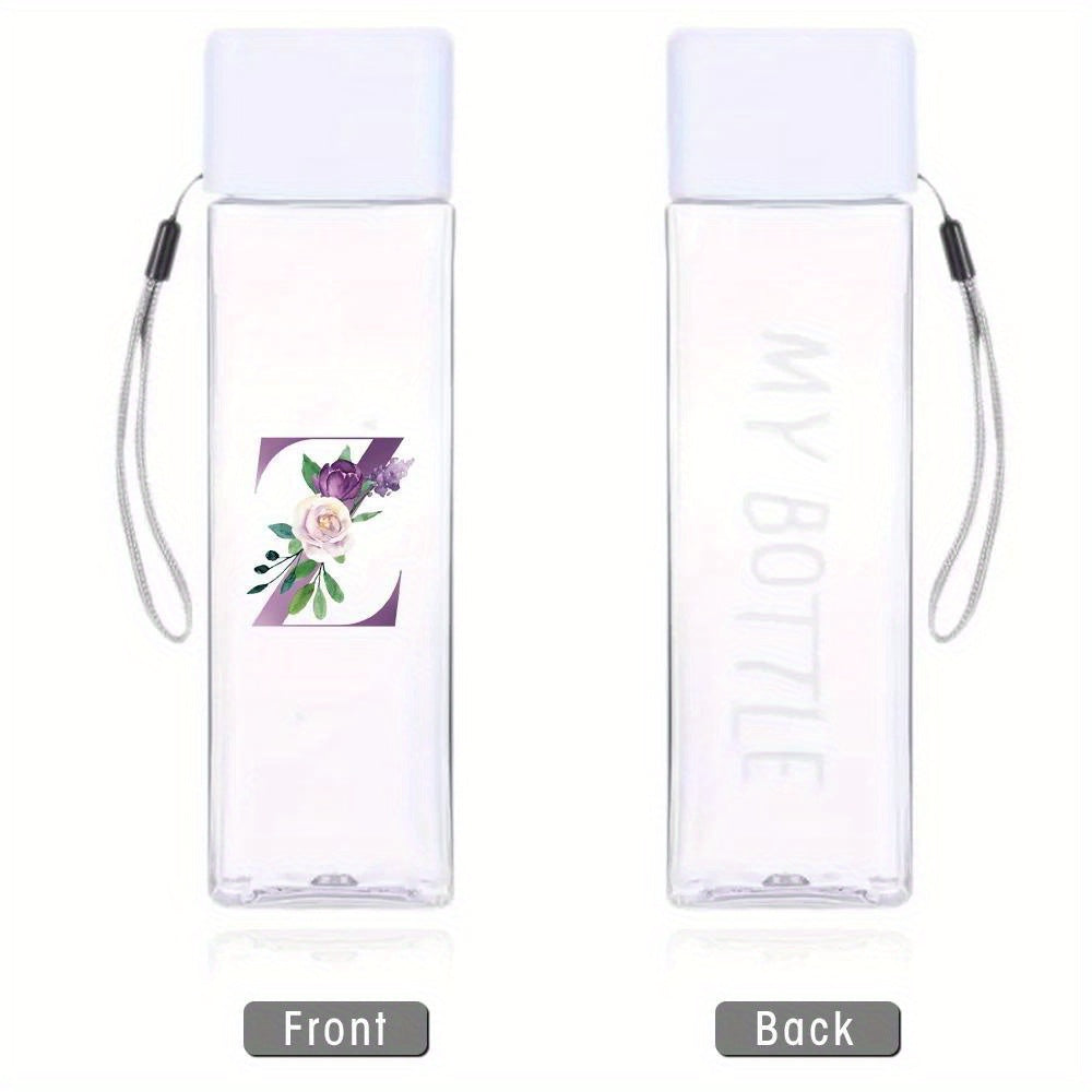 Large sports water bottle in purple with leak-proof design, high temperature resistance, and portable rope. Square transparent design with 26 initial letter patterns, ideal for coffee, juice, and milk.