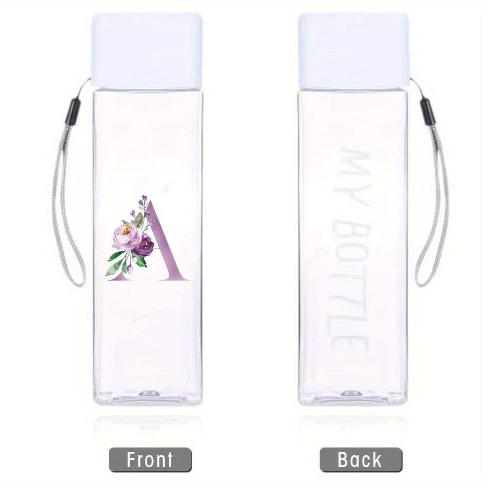 Large sports water bottle in purple with leak-proof design, high temperature resistance, and portable rope. Square transparent design with 26 initial letter patterns, ideal for coffee, juice, and milk.