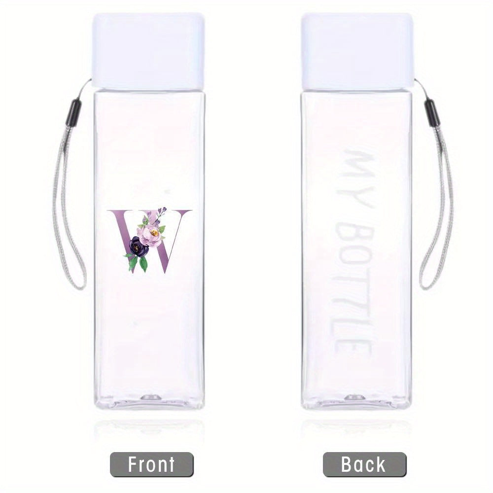 Large sports water bottle in purple with leak-proof design, high temperature resistance, and portable rope. Square transparent design with 26 initial letter patterns, ideal for coffee, juice, and milk.