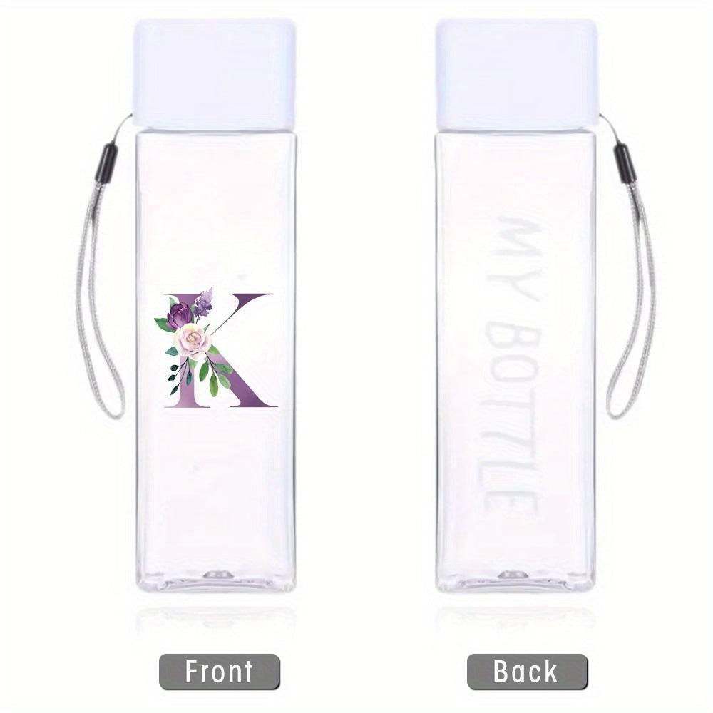 Large sports water bottle in purple with leak-proof design, high temperature resistance, and portable rope. Square transparent design with 26 initial letter patterns, ideal for coffee, juice, and milk.