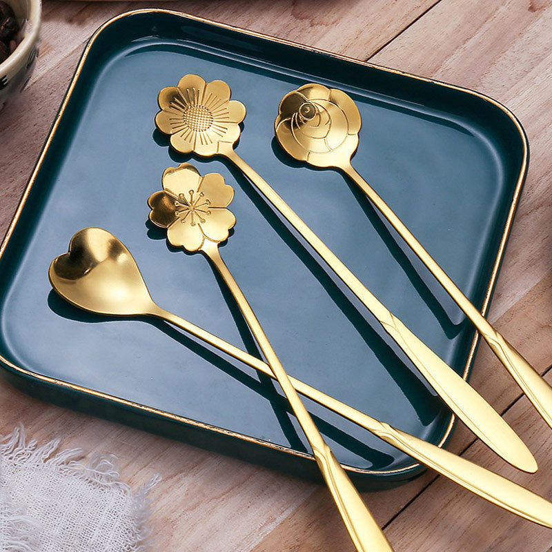 Flower-shaped teaspoon set: durable stainless steel, ideal for coffee and desserts. Fits restaurants and gifting. Kitchen tableware.