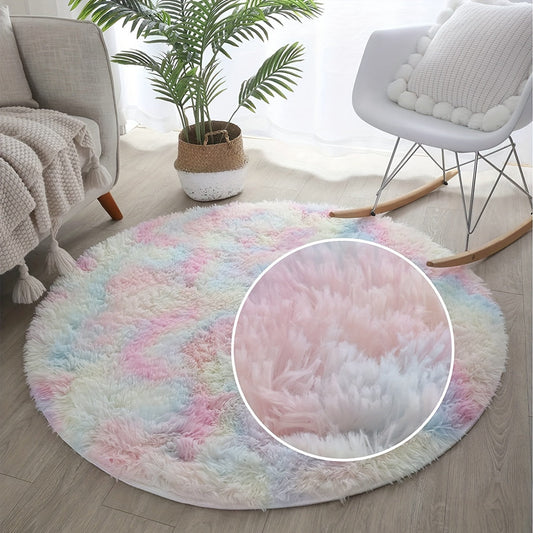 Soft, tie-dye rainbow plush area mat that is perfect for adding a touch of color and comfort to any room. With a stain-resistant finish and anti-slip backing, this mat is both practical and stylish. Ideal for living rooms, bedrooms, or dorm rooms, this