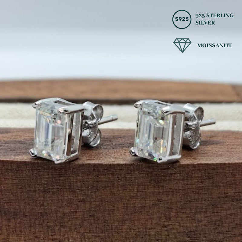 1 Carat Moissanite Stud Earrings in an Elegant Rectangular Design, crafted from 925 Sterling Silver for Women who prefer Minimalist Neutral Style. Ideal for Birthdays, Anniversaries, and Casual Attire. A Classic and Suitable option for any occasion.