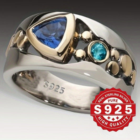 925 Sterling Silver Ring in Vintage Nautical Style featuring Synthetic Blue Sapphire and Turquoise Gems, 5g of Pure Silver Plating. Perfect for Wedding and Party Jewelry, Suitable for All Seasons and an Ideal Valentine's Day Gift.