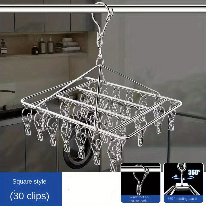 30-Clip Stainless Steel Sock Drying Rack - Windproof Laundry Hanging Organizer for Bedroom, Bathroom, Closet, Home, Dormitory - Space-Saving Clothes Hanger