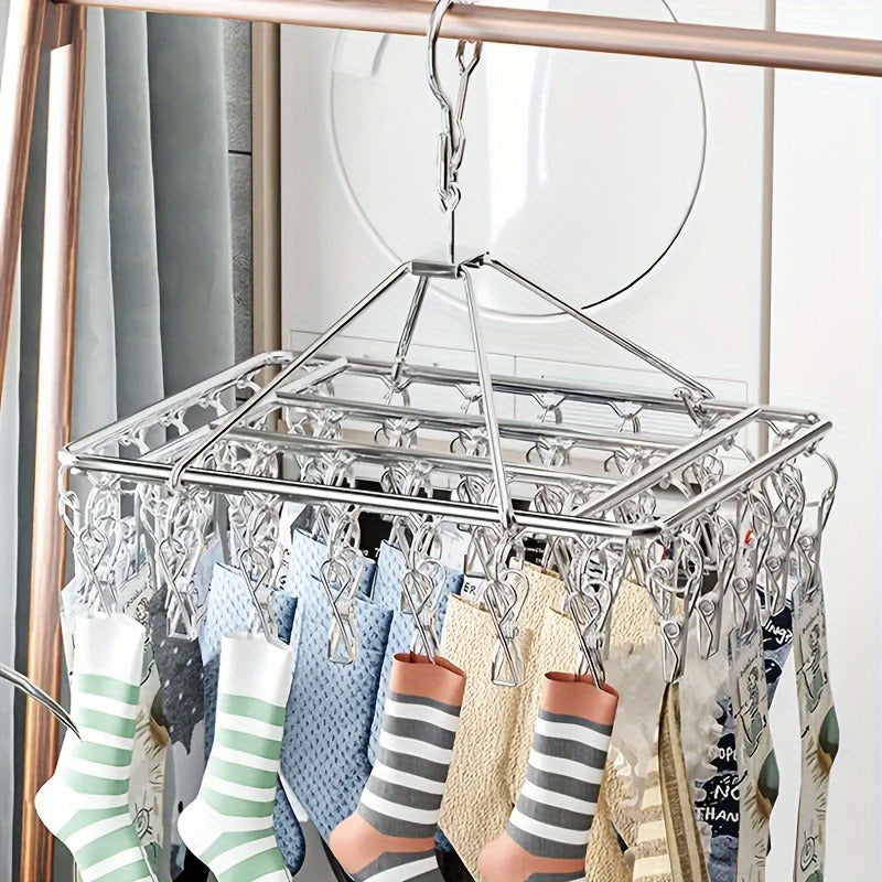 30-Clip Stainless Steel Sock Drying Rack - Windproof Laundry Hanging Organizer for Bedroom, Bathroom, Closet, Home, Dormitory - Space-Saving Clothes Hanger