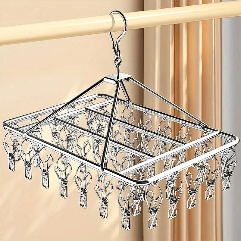 30-Clip Stainless Steel Sock Drying Rack - Windproof Laundry Hanging Organizer for Bedroom, Bathroom, Closet, Home, Dormitory - Space-Saving Clothes Hanger