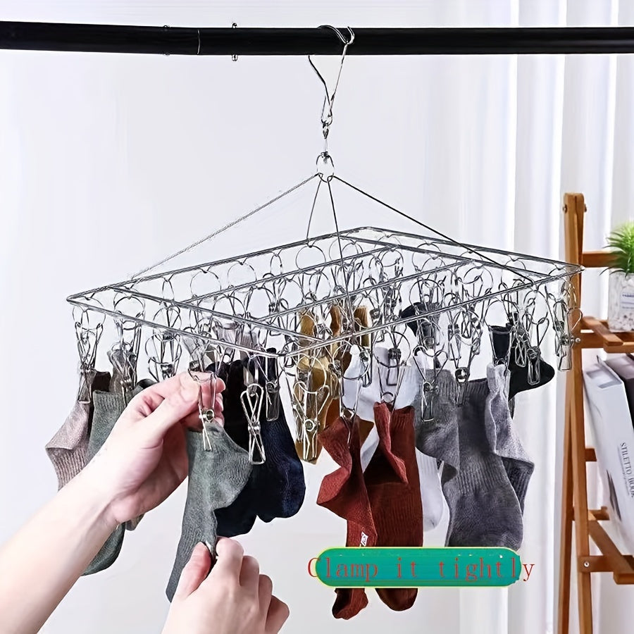 30-Clip Stainless Steel Sock Drying Rack - Windproof Laundry Hanging Organizer for Bedroom, Bathroom, Closet, Home, Dormitory - Space-Saving Clothes Hanger