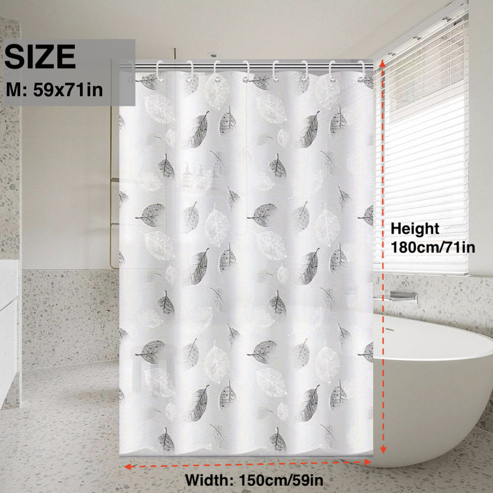 Leaf pattern PEVA waterproof shower curtain with grommet top and plastic hooks, woven water-resistant bathroom curtain, plant theme decor for home and hotel.