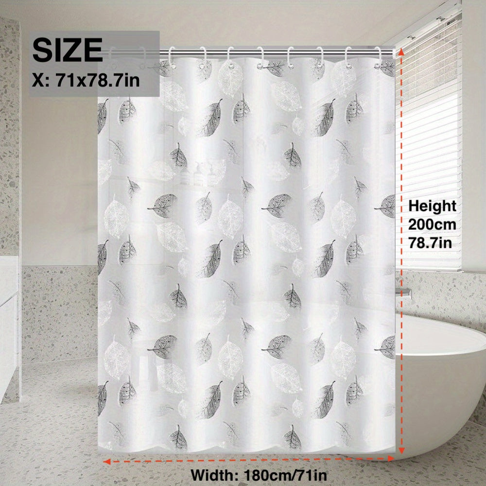 Leaf pattern PEVA waterproof shower curtain with grommet top and plastic hooks, woven water-resistant bathroom curtain, plant theme decor for home and hotel.