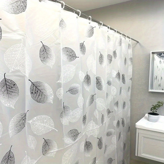 Leaf pattern PEVA waterproof shower curtain with grommet top and plastic hooks, woven water-resistant bathroom curtain, plant theme decor for home and hotel.