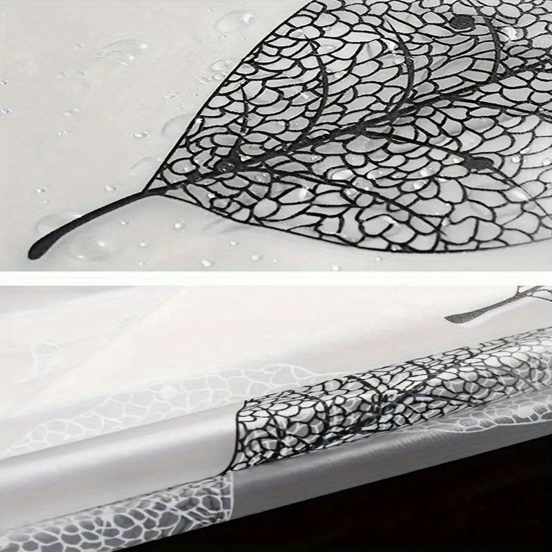 Leaf pattern PEVA waterproof shower curtain with grommet top and plastic hooks, woven water-resistant bathroom curtain, plant theme decor for home and hotel.