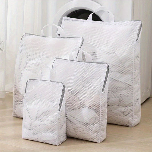 Set of durable polyester mesh laundry bags with zipper for washing machine, perfect for washing delicates such as bras, socks, and lingerie. These woven apparel wash bags are reusable and great for clothing care and laundry storage.