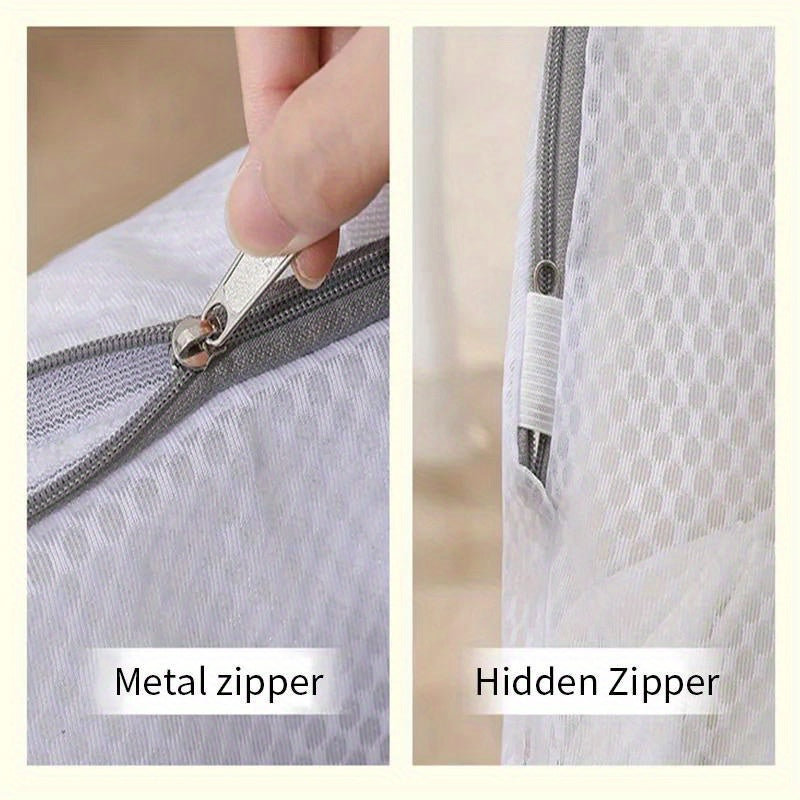 Set of durable polyester mesh laundry bags with zipper for washing machine, perfect for washing delicates such as bras, socks, and lingerie. These woven apparel wash bags are reusable and great for clothing care and laundry storage.