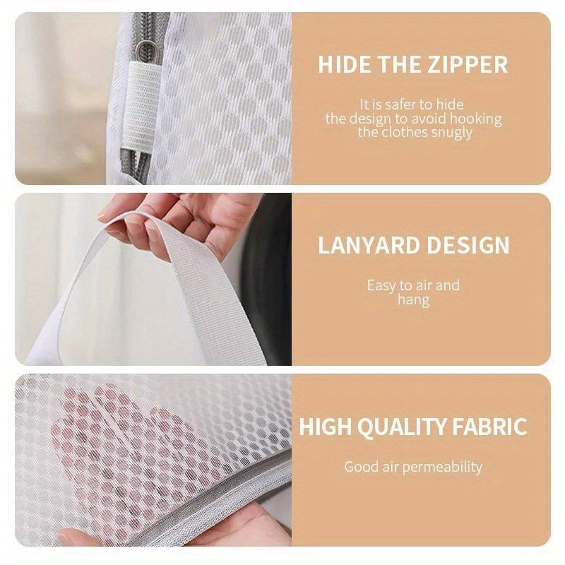 Set of durable polyester mesh laundry bags with zipper for washing machine, perfect for washing delicates such as bras, socks, and lingerie. These woven apparel wash bags are reusable and great for clothing care and laundry storage.