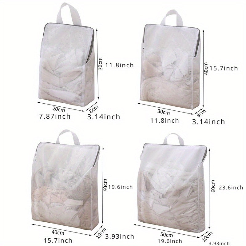 Set of durable polyester mesh laundry bags with zipper for washing machine, perfect for washing delicates such as bras, socks, and lingerie. These woven apparel wash bags are reusable and great for clothing care and laundry storage.