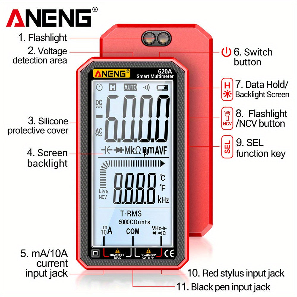 ANENG 620A is a high precision, multi-functional smart multimeter with a 6000 count full screen, digital display that is automatic and shift-free.