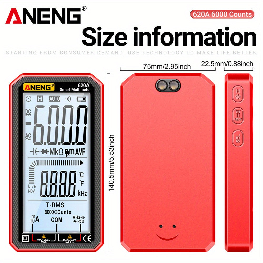 ANENG 620A is a high precision, multi-functional smart multimeter with a 6000 count full screen, digital display that is automatic and shift-free.