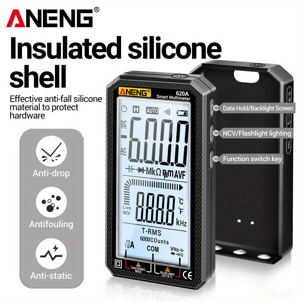 ANENG 620A is a high precision, multi-functional smart multimeter with a 6000 count full screen, digital display that is automatic and shift-free.