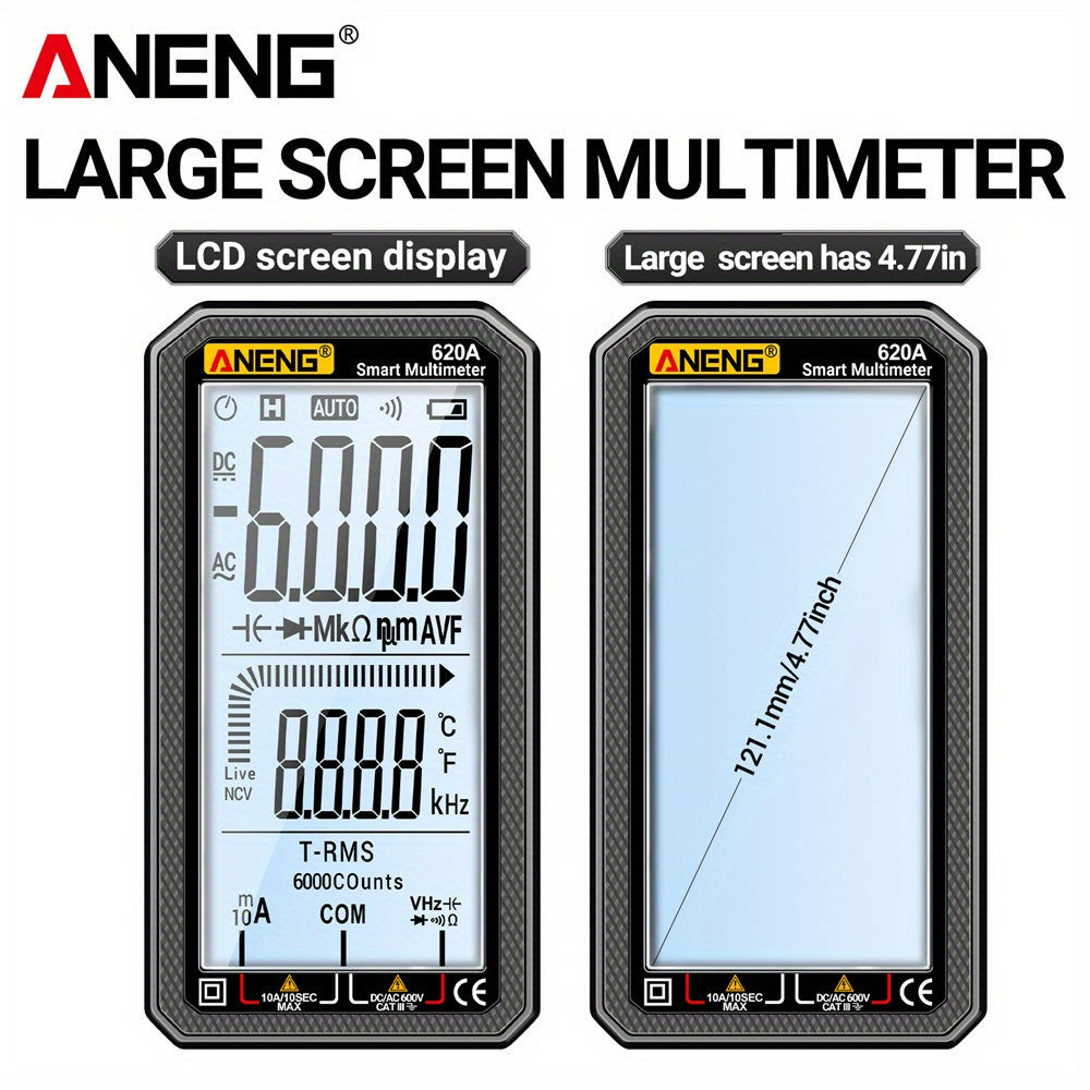 ANENG 620A is a high precision, multi-functional smart multimeter with a 6000 count full screen, digital display that is automatic and shift-free.