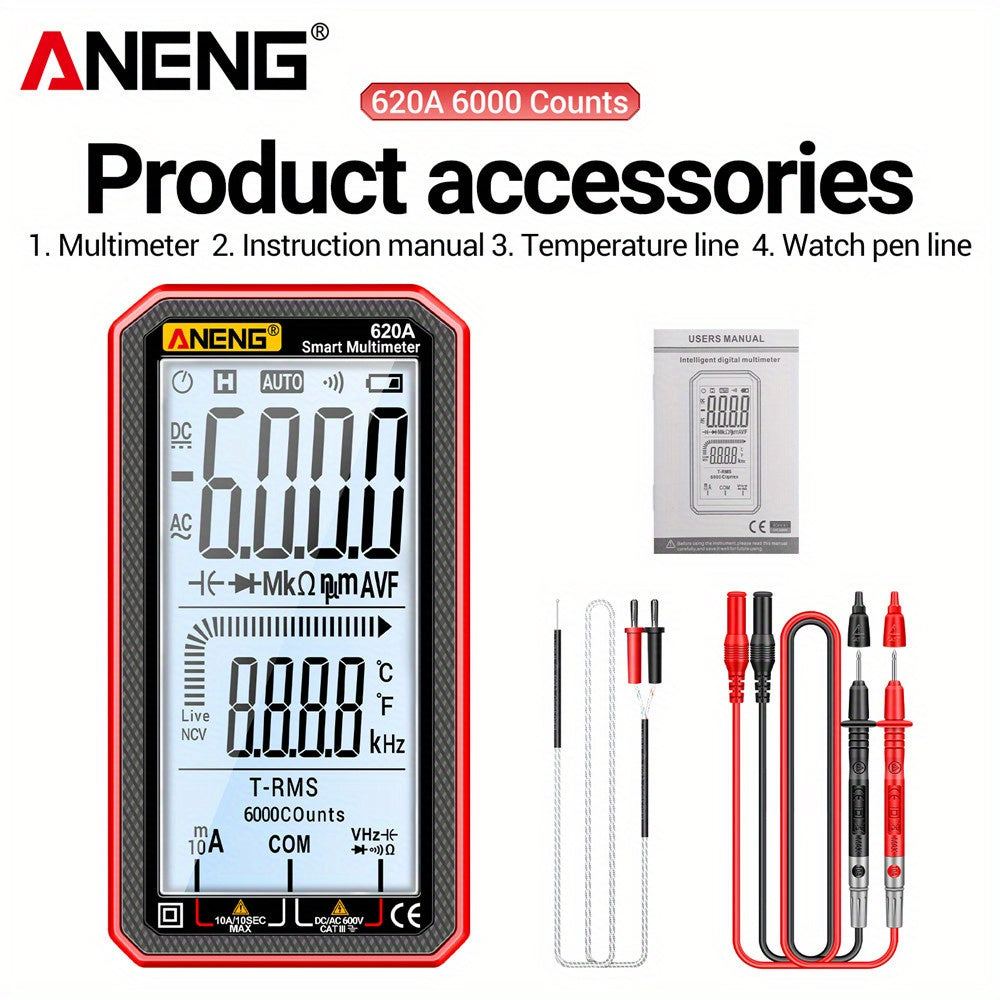 ANENG 620A is a high precision, multi-functional smart multimeter with a 6000 count full screen, digital display that is automatic and shift-free.