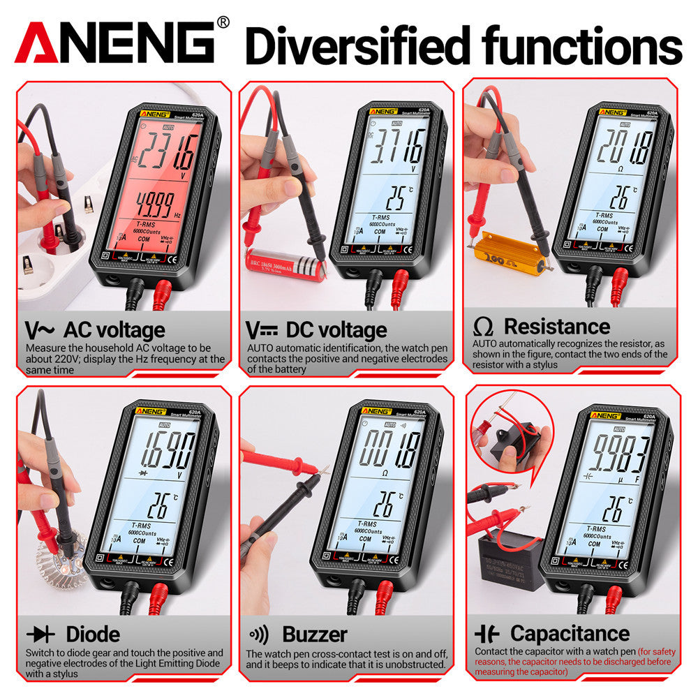 ANENG 620A is a high precision, multi-functional smart multimeter with a 6000 count full screen, digital display that is automatic and shift-free.